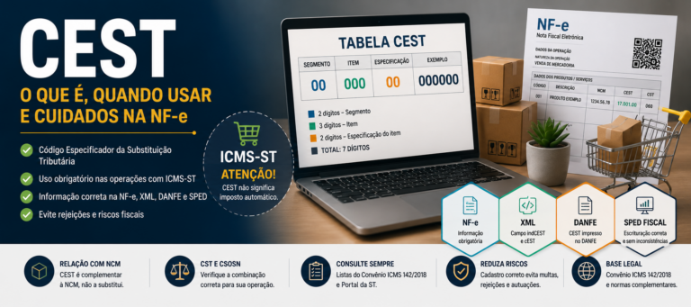 Imagem destacada sobre CEST com NF-e, tabela CEST, NCM, ICMS-ST, XML, DANFE e SPED Fiscal
