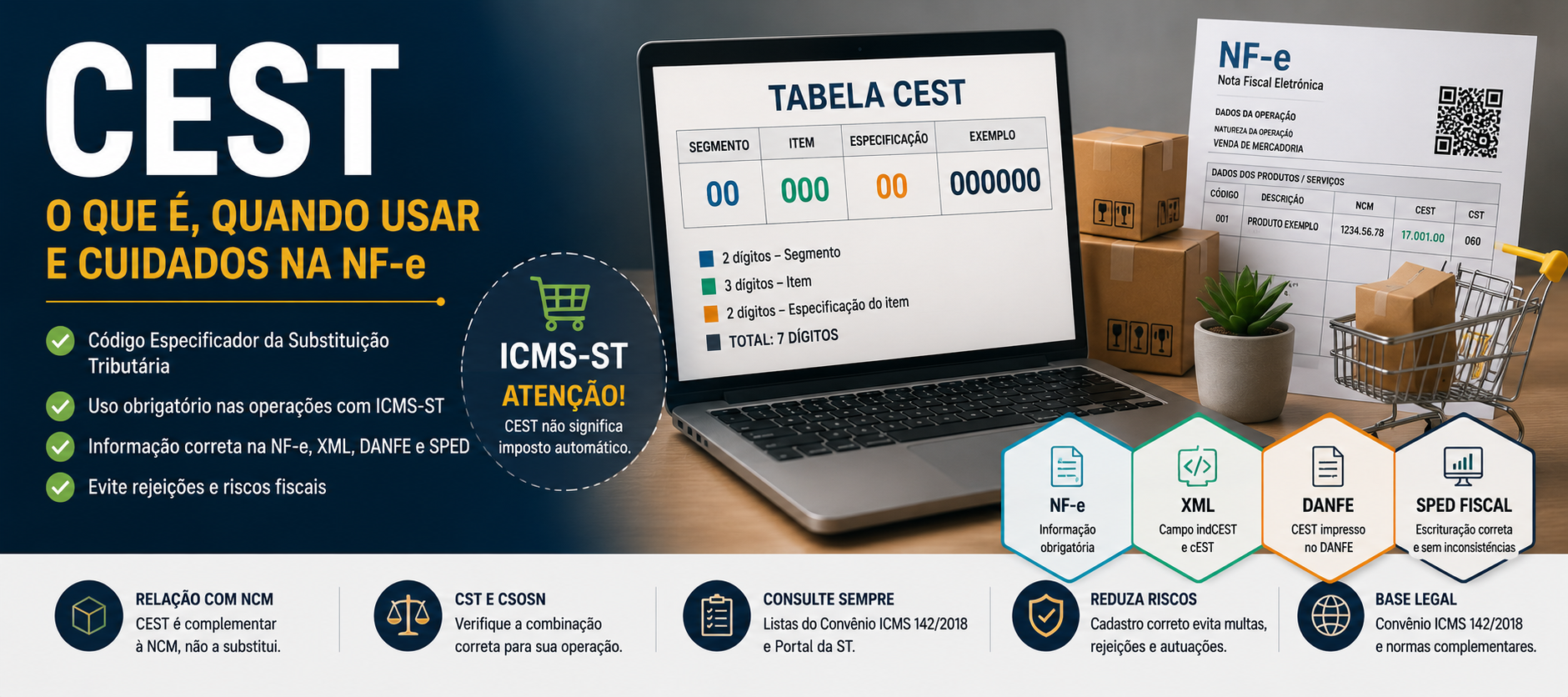 Imagem destacada sobre CEST com NF-e, tabela CEST, NCM, ICMS-ST, XML, DANFE e SPED Fiscal