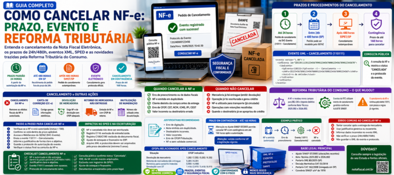 Imagem destacada sobre como cancelar NF-e, prazo de 24 horas e 480 horas em São Paulo, evento de cancelamento, XML, DANFE, SPED e Reforma Tributária