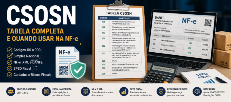 Imagem destacada sobre CSOSN com tabela de códigos 101 a 900, NF-e, XML, DANFE, Simples Nacional e SPED Fiscal