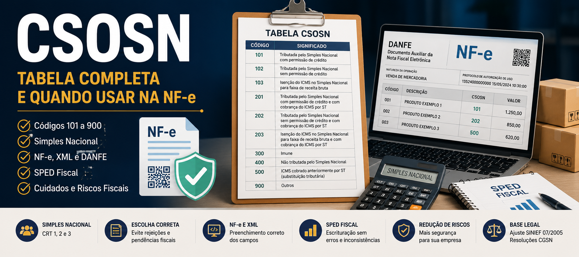 Imagem destacada sobre CSOSN com tabela de códigos 101 a 900, NF-e, XML, DANFE, Simples Nacional e SPED Fiscal