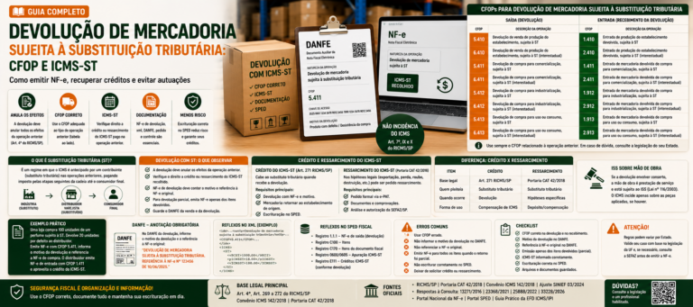 Imagem destacada sobre devolução de mercadoria sujeita à substituição tributária com CFOP 5.410, 5.411, 6.410, 6.411, ICMS-ST, CEST, NF-e, XML, DANFE e SPED