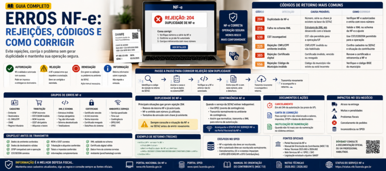 Imagem destacada sobre erros NF-e, rejeições, códigos de retorno, duplicidade, XML, certificado digital, CFOP, CST, CSOSN, contingência, DANFE e SPED