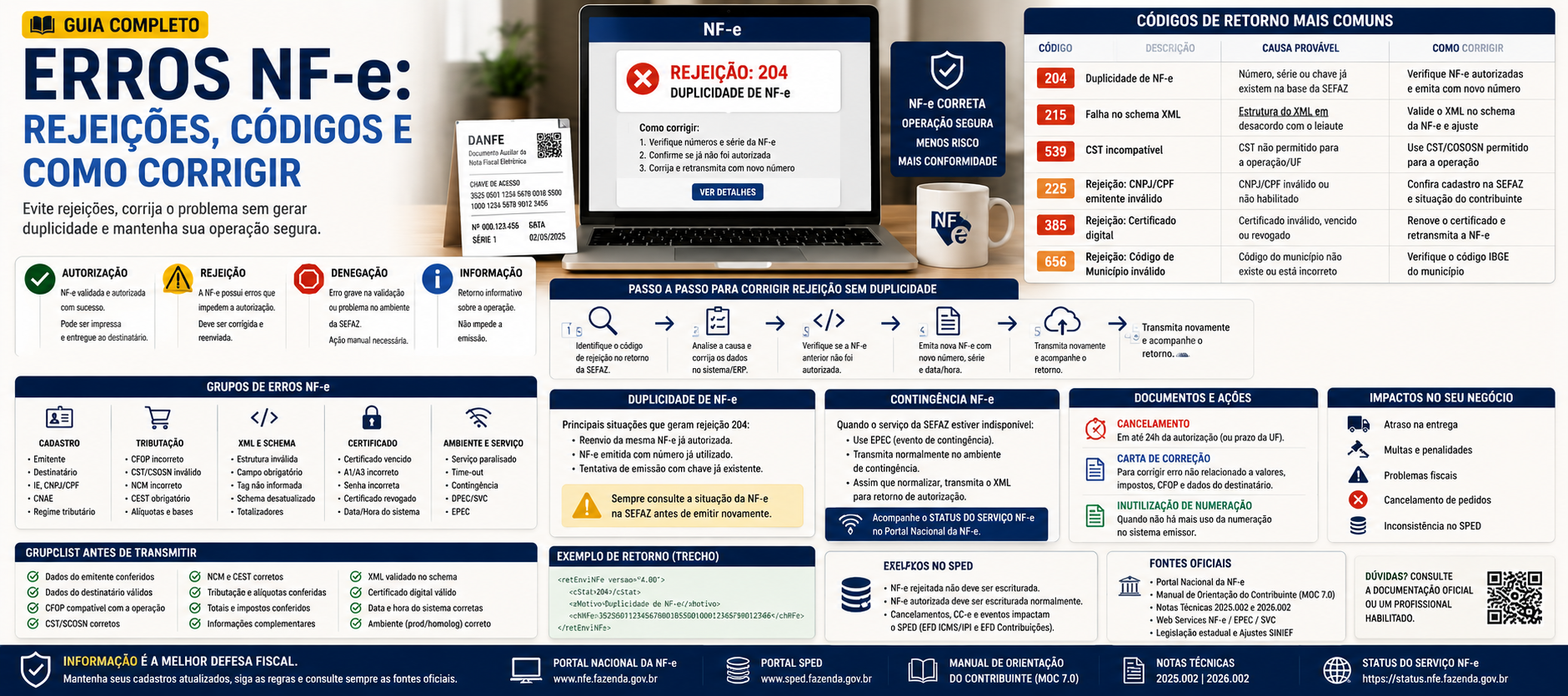 Imagem destacada sobre erros NF-e, rejeições, códigos de retorno, duplicidade, XML, certificado digital, CFOP, CST, CSOSN, contingência, DANFE e SPED