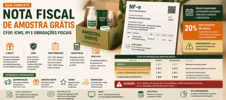 Imagem destacada sobre nota fiscal de amostra grátis com CFOP 5.911 e 6.911, ICMS isento, IPI, valor fiscal, XML, DANFE, SPED e EFD-Contribuições