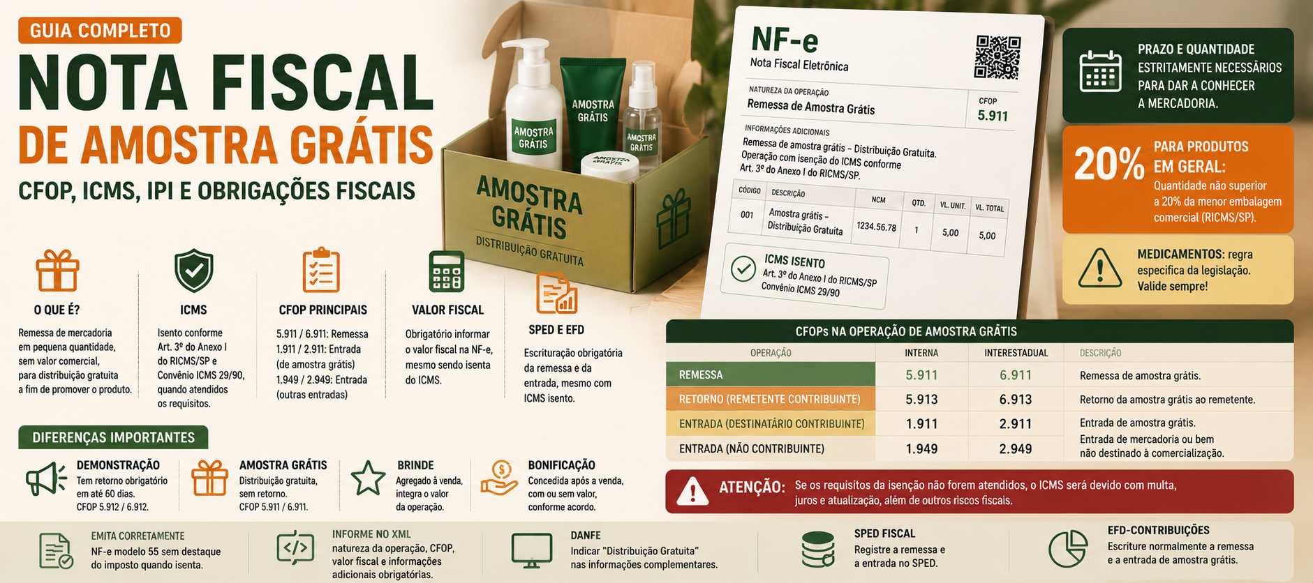 Imagem destacada sobre nota fiscal de amostra grátis com CFOP 5.911 e 6.911, ICMS isento, IPI, valor fiscal, XML, DANFE, SPED e EFD-Contribuições