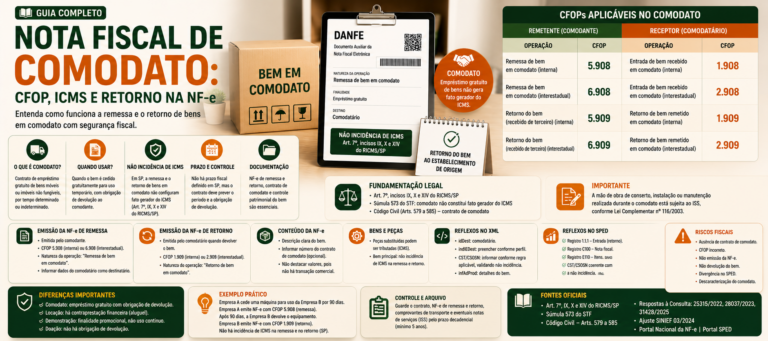 Imagem destacada sobre nota fiscal de comodato com CFOP 5.908 e 6.908, retorno com CFOP 5.909 e 6.909, não incidência de ICMS, XML, DANFE e SPED