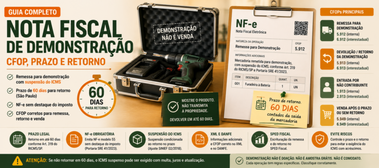 Imagem destacada sobre nota fiscal de demonstração com CFOP 5.912 e 6.912, prazo de 60 dias, retorno com CFOP 5.913 e 6.913, suspensão do ICMS, XML, DANFE e SPED Fiscal