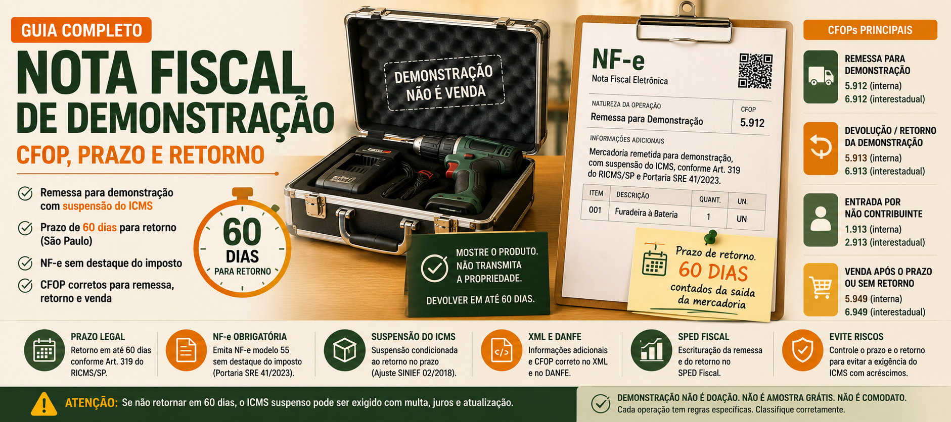 Imagem destacada sobre nota fiscal de demonstração com CFOP 5.912 e 6.912, prazo de 60 dias, retorno com CFOP 5.913 e 6.913, suspensão do ICMS, XML, DANFE e SPED Fiscal