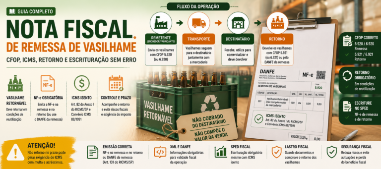 Imagem destacada sobre nota fiscal de remessa de vasilhame com CFOP 5.920 e 6.920, retorno com CFOP 5.921 e 6.921, ICMS isento, DANFE, XML e SPED Fiscal