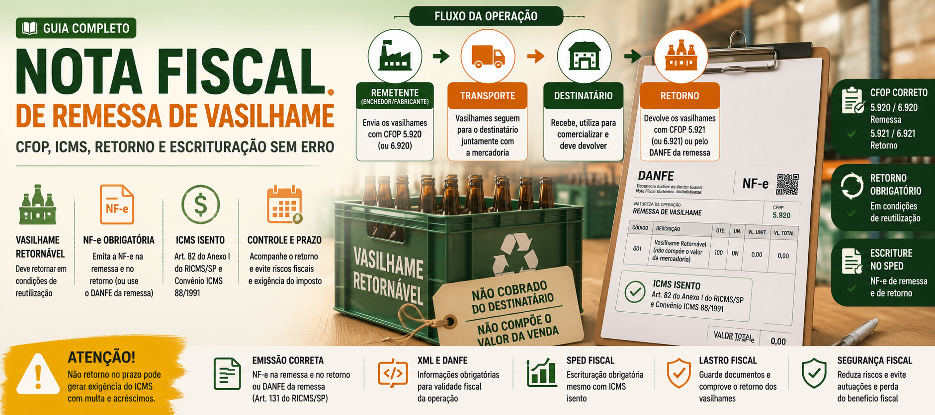 Imagem destacada sobre nota fiscal de remessa de vasilhame com CFOP 5.920 e 6.920, retorno com CFOP 5.921 e 6.921, ICMS isento, DANFE, XML e SPED Fiscal
