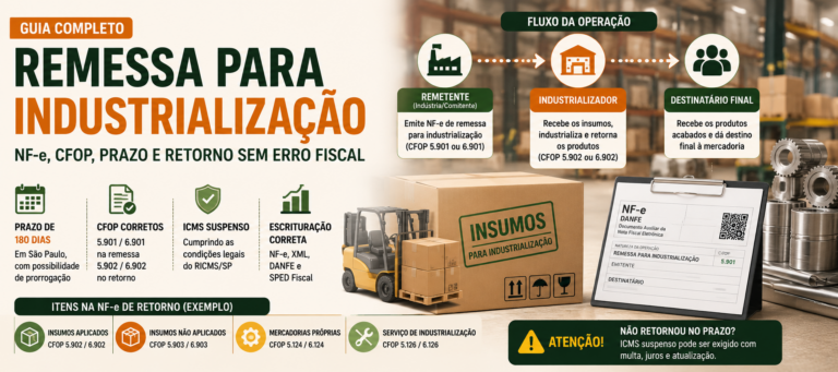 Imagem destacada sobre nota fiscal de remessa para industrialização com NF-e, CFOP 5.901 e 6.901, prazo de 180 dias, retorno, ICMS suspenso e SPED Fiscal