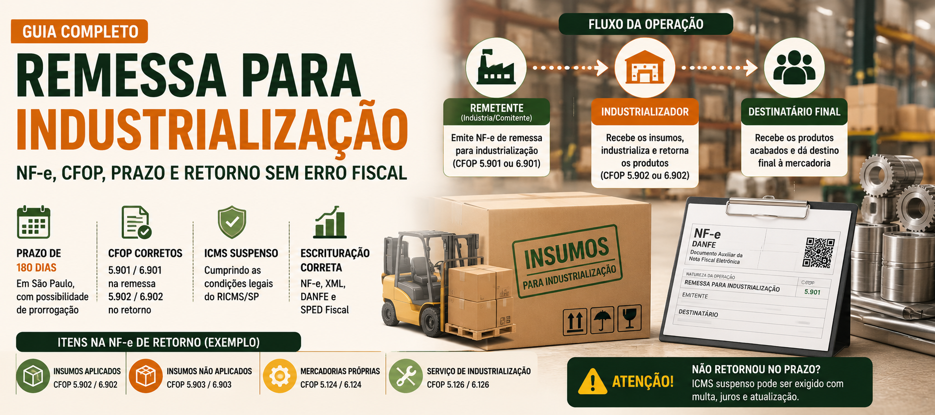 Imagem destacada sobre nota fiscal de remessa para industrialização com NF-e, CFOP 5.901 e 6.901, prazo de 180 dias, retorno, ICMS suspenso e SPED Fiscal