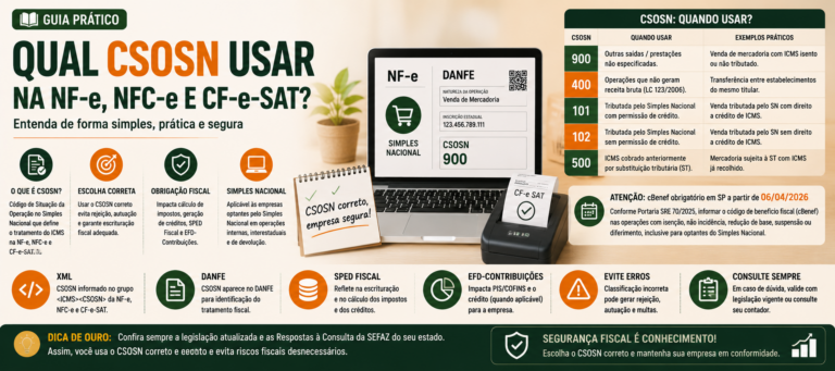 Imagem destacada sobre qual CSOSN usar na NF-e, NFC-e e CF-e-SAT, com exemplos de CSOSN 900, 400, 101, 102 e 500, XML, DANFE, SPED e cBenef