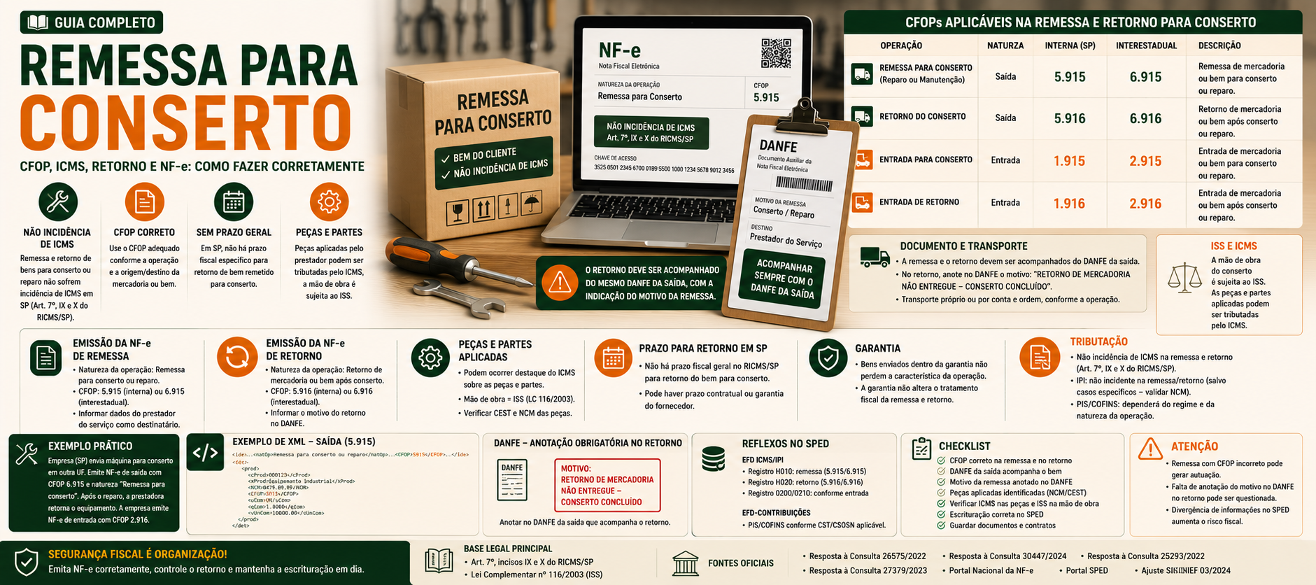 Imagem destacada sobre remessa para conserto com CFOP 5.915 e 6.915, retorno com CFOP 5.916 e 6.916, não incidência de ICMS, ISS, peças aplicadas, XML, DANFE e SPED