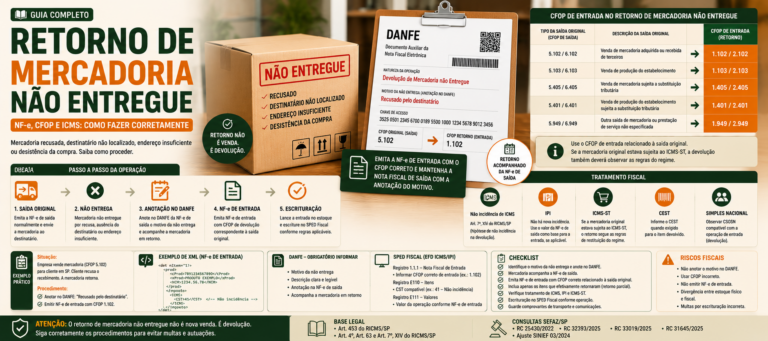 Imagem destacada sobre retorno de mercadoria não entregue com NF-e de entrada, anotação no DANFE, CFOP de retorno, ICMS, IPI, ICMS-ST, XML e SPED Fiscal