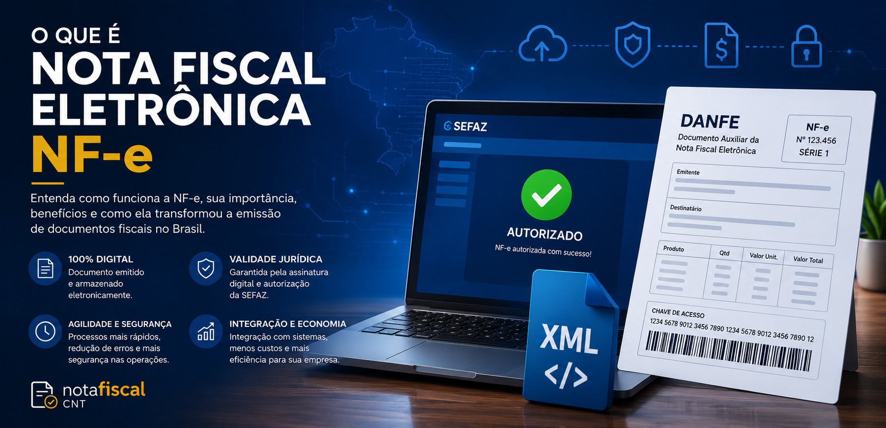 Nota Fiscal Eletrônica NF-e com XML, DANFE e autorização da SEFAZ