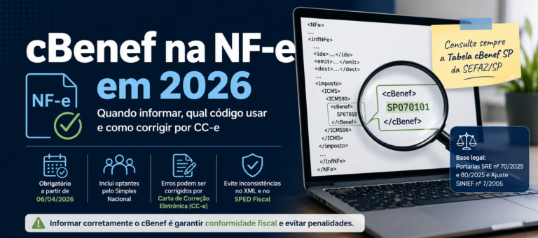 cBenef na NF-e em 2026 com orientações sobre obrigatoriedade, código fiscal e correção por Carta de Correção Eletrônica