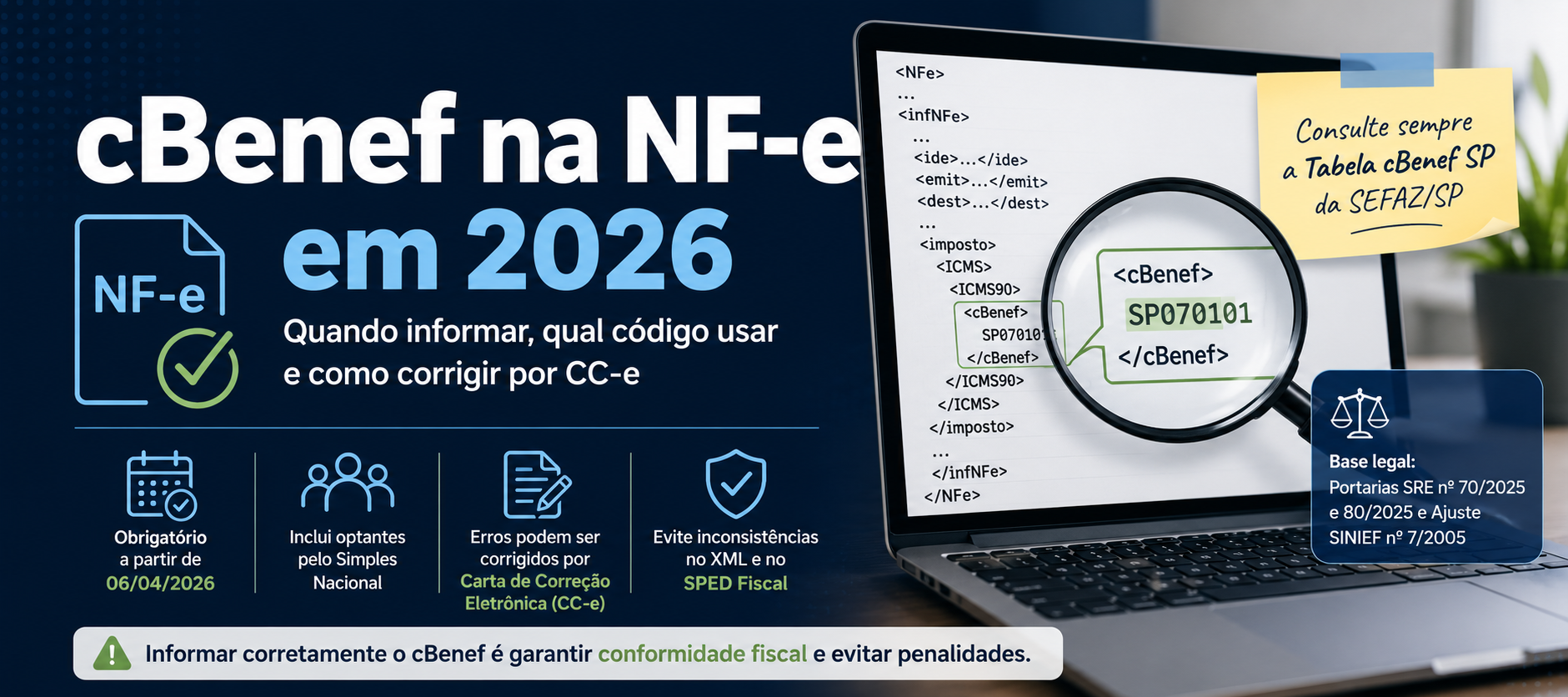 cBenef na NF-e em 2026 com orientações sobre obrigatoriedade, código fiscal e correção por Carta de Correção Eletrônica