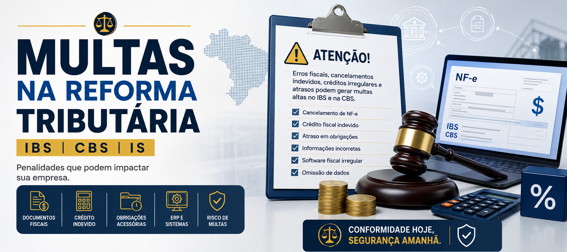 Multas na Reforma Tributária para IBS, CBS e NF-e, com alerta sobre penalidades fiscais, crédito indevido, obrigações acessórias e ERP.