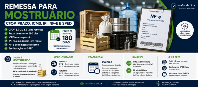 Remessa para mostruário com CFOP 5.912 e 6.912, prazo de retorno de 180 dias, ICMS, IPI, NF-e e SPED
