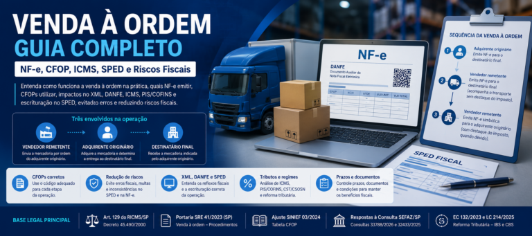 Imagem de capa sobre venda à ordem com NF-e, CFOP, SPED, caminhão de entrega e fluxo entre vendedor remetente, adquirente originário e destinatário final