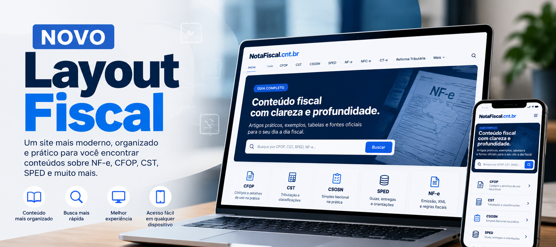 Novo layout do NotaFiscal.cnt.br com acesso a conteúdos sobre CFOP, CST, CSOSN, SPED e NF-e
