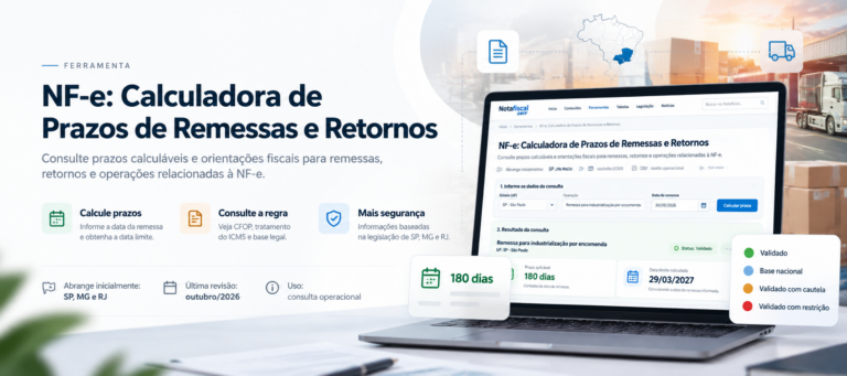 Calculadora de prazos de remessas e retornos da NF-e com consulta de CFOP, ICMS e base legal para SP, MG e RJ